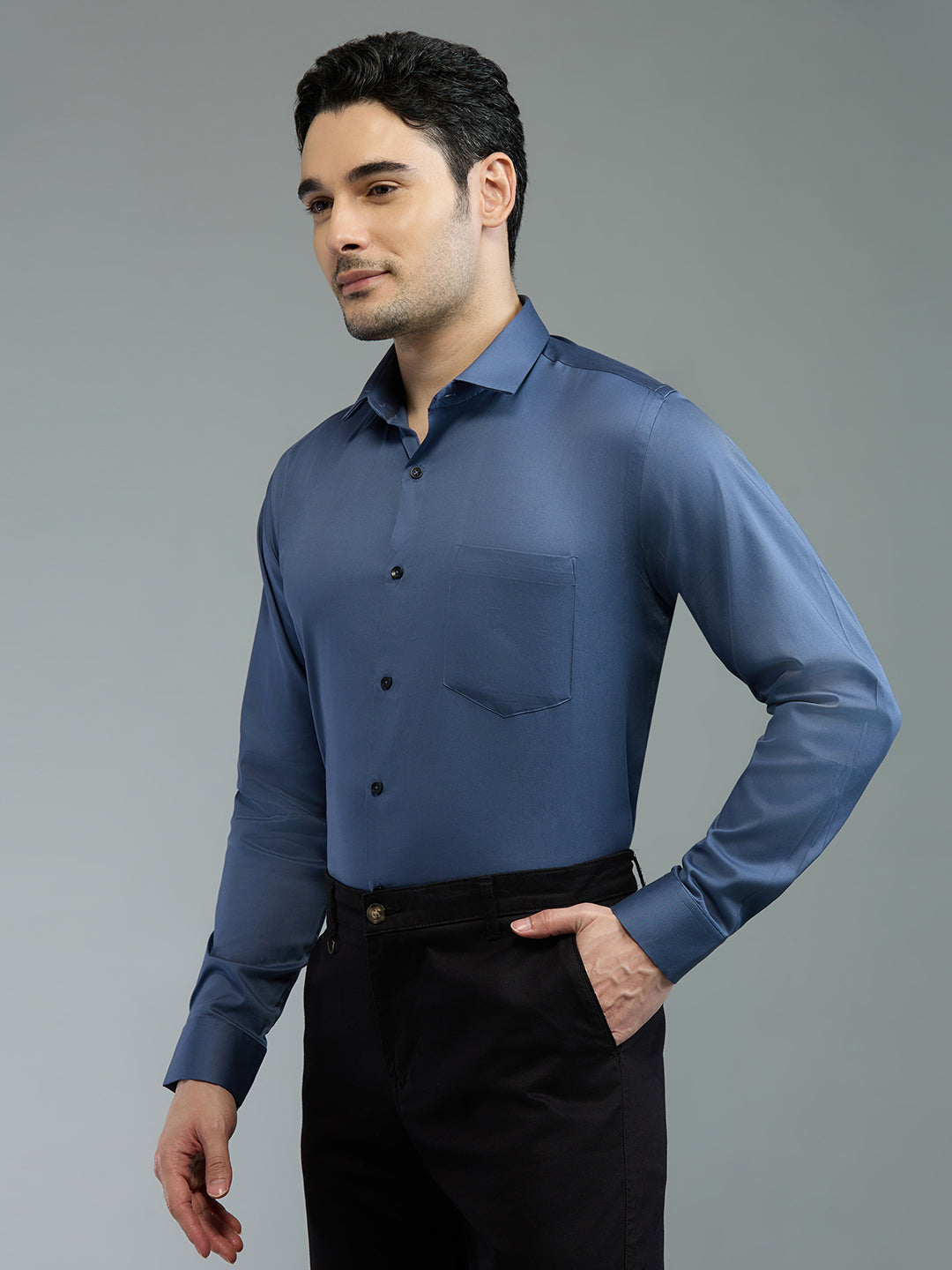 Blue Grey - Kompanion Men's Solid Shirt | Lycra