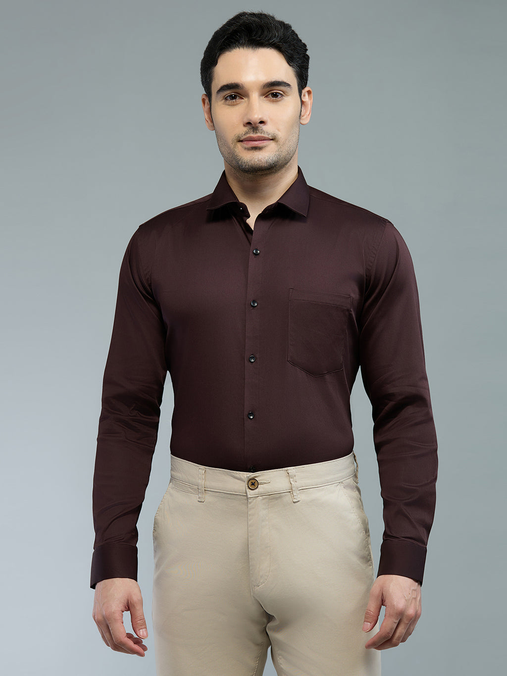Brown - Kompanion Men's Solid Shirt | Lycra