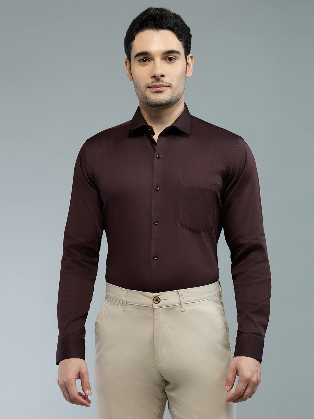 Brown - Kompanion Men's Solid Shirt | Lycra