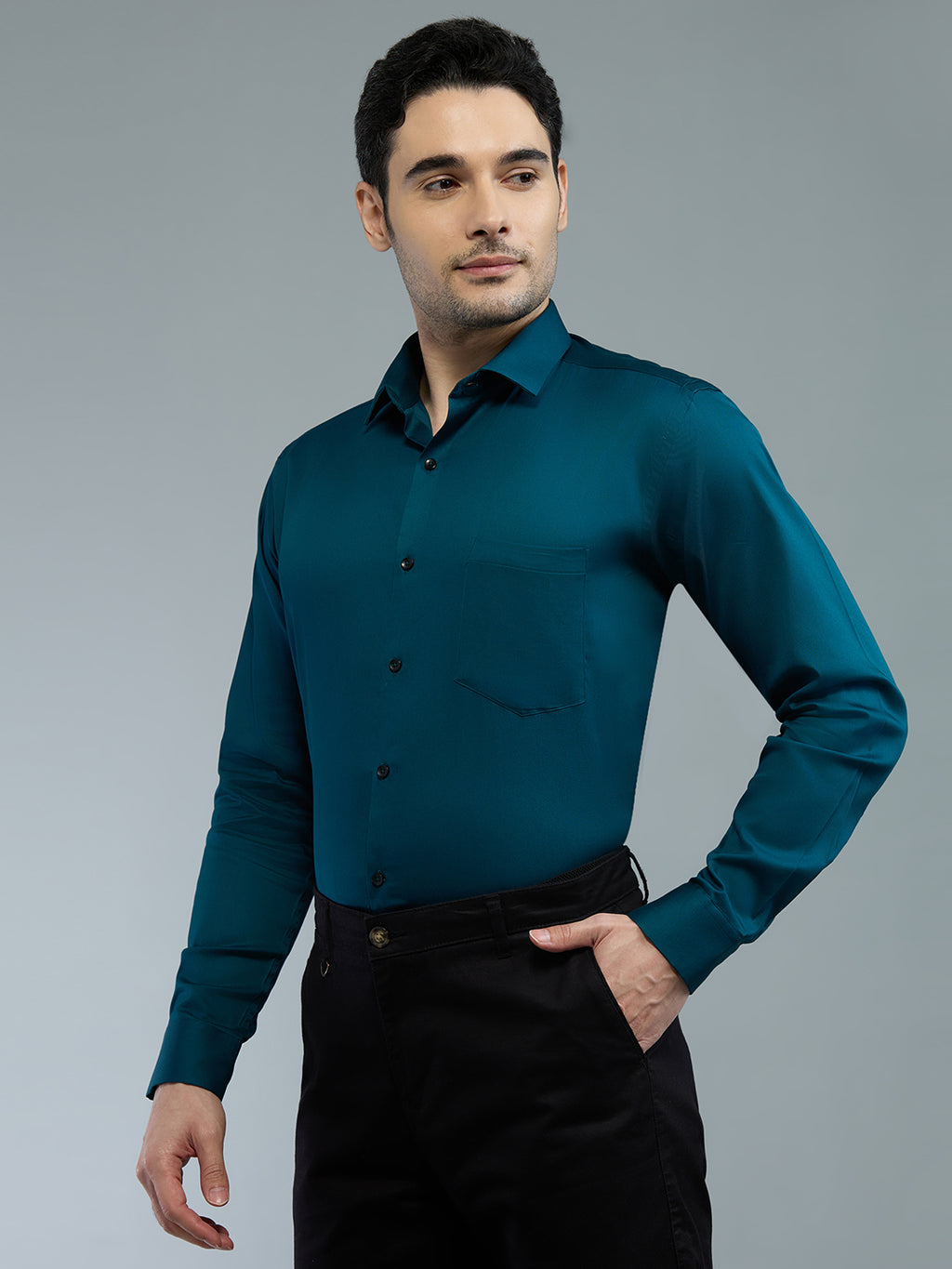 Tea Blue - Kompanion Men's Solid Shirt | Lycra