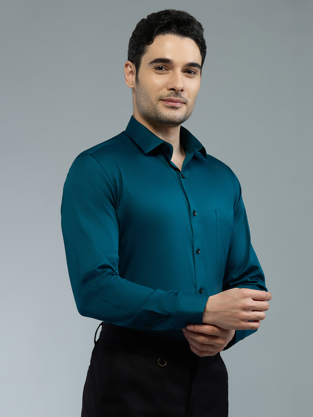 Tea Blue - Kompanion Men's Solid Shirt | Lycra