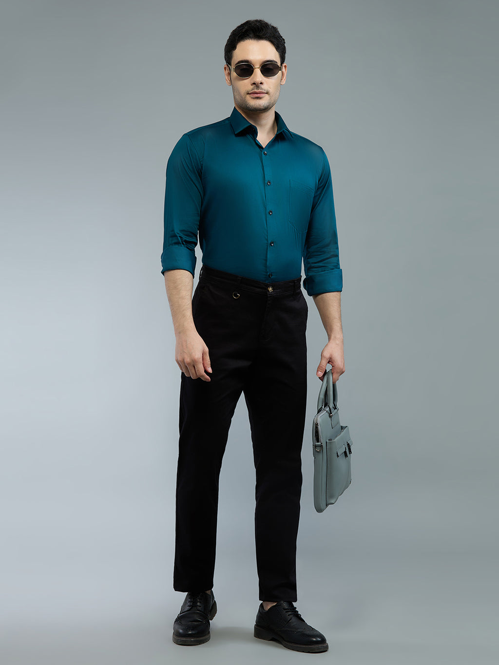 Tea Blue - Kompanion Men's Solid Shirt | Lycra