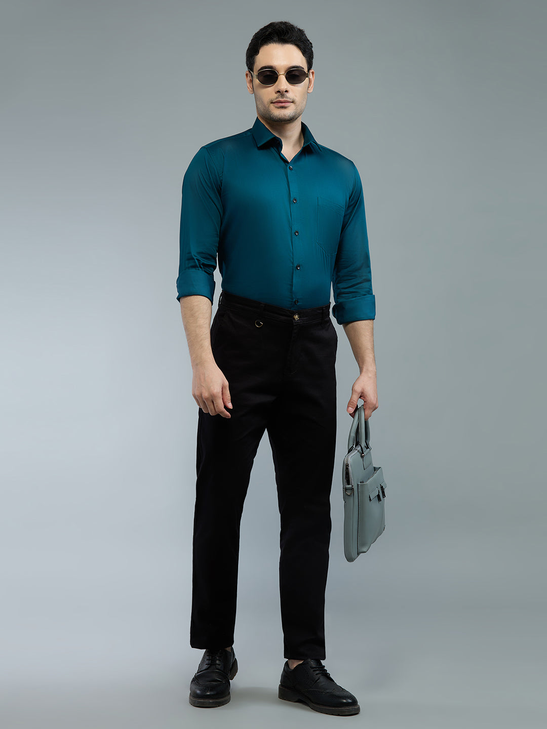 Tea Blue - Kompanion Men's Solid Shirt | Lycra