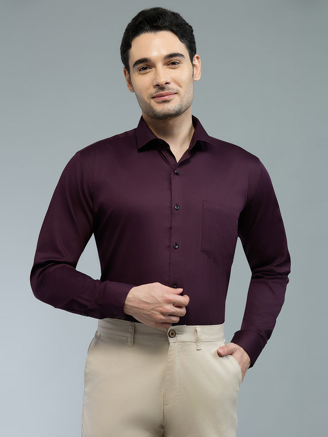 Wine - Kompanion Men's Solid Shirt | Lycra